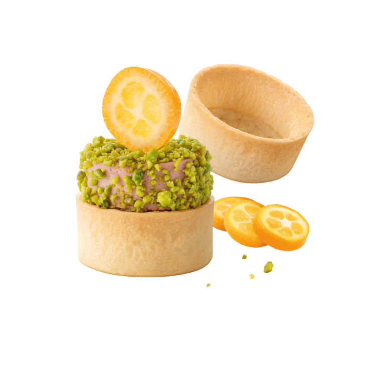 Kleines HUG Mürbeteig Tartelette mit Pistazien und kandierter Zitrone, eine herzhafte Kreation. 