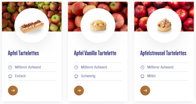 Drei Rezepte für Tartelettes mit Apfel, dekoriert und auf einem weißen Hintergrund angeordnet.
